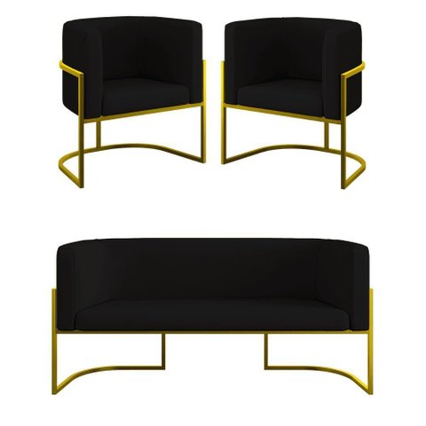 Kit 2 Poltronas + Sofá 2 Lugares Base de Metal Gold Veludo Preto