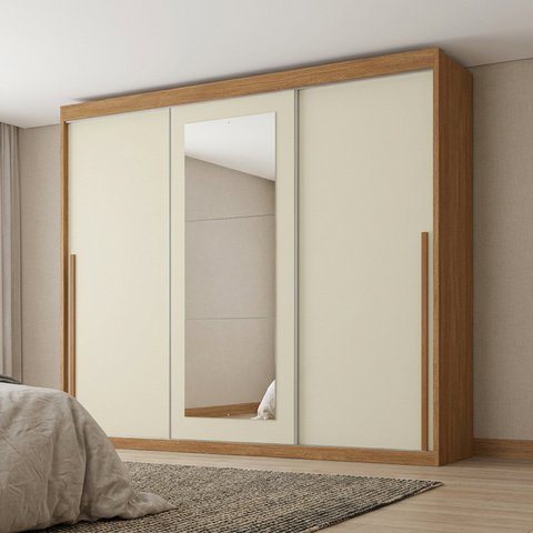 Guarda-Roupa Casal com Espelho 3 Portas de Correr 6 Gavetas Casuá Off White Cinamomo Linha Spazio