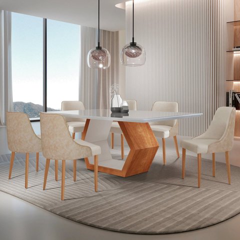 Conjunto para Sala de Jantar Mesa Sarah em Madeira Tampo 180cm com Vidro e 6 Cadeiras Roma Off White