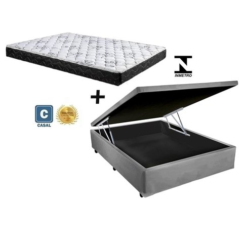 Cama Baú Casal Cinza Suede + Colchão Espuma D33 138x188x17