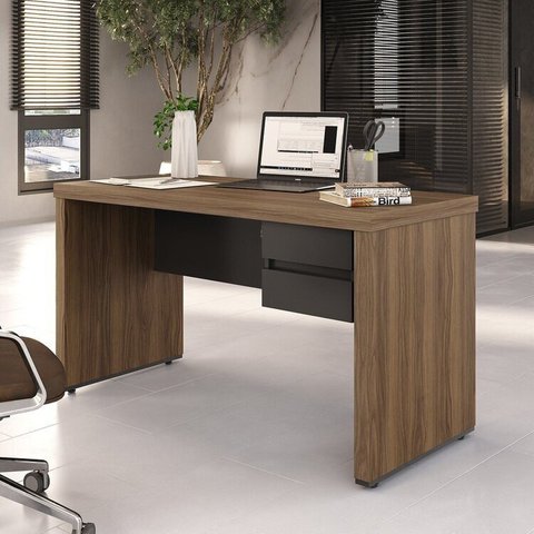 Mesa para Escritório Diretor em Tamburato com 2 Gavetas 140cm Elegance Marrom Artany