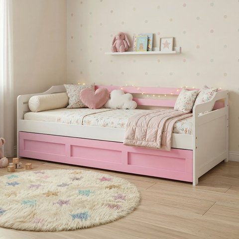 Bicama Infantil com Cama Auxiliar e Rodízio Madeira Maciça Londrina Branco/Rosa