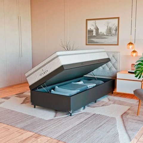 Cama Box Baú Solteiro Couro Preto + Colchão Paris Branco Couro Preto/branco