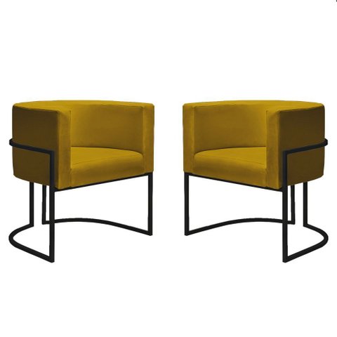 Kit 2 Poltronas Decorativa Nayara Base de Ferro Preto Cor: Suede Amarelo - Twdecora