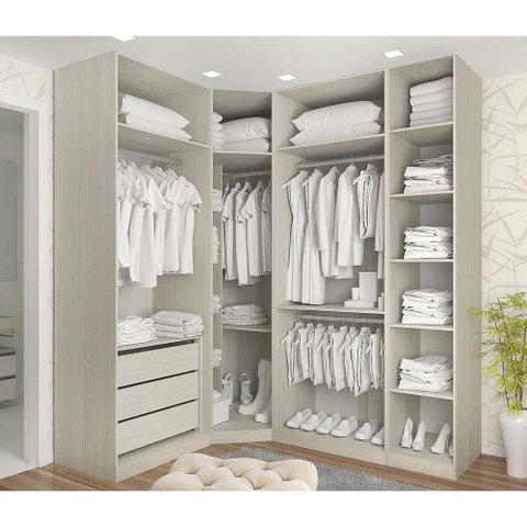 Guarda Roupa Canto Closet sem Portas 4 Peças, 3 Gavetas, 4 Cabideiro Prime Luciane Móveis