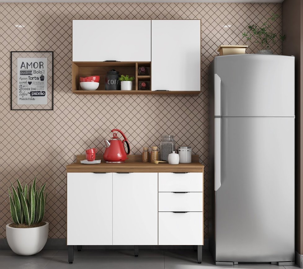 Ver imagem 1 de Armário de Cozinha com Nicho Firenze cor Amendola c/Branco 2 Peças com balcão de pia 1,20m sem tampo