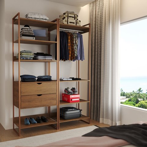 Guarda Roupa Aberto Industrial Casal 2 Módulos Amêndoa Cabideiro com Gavetas Base Cobre