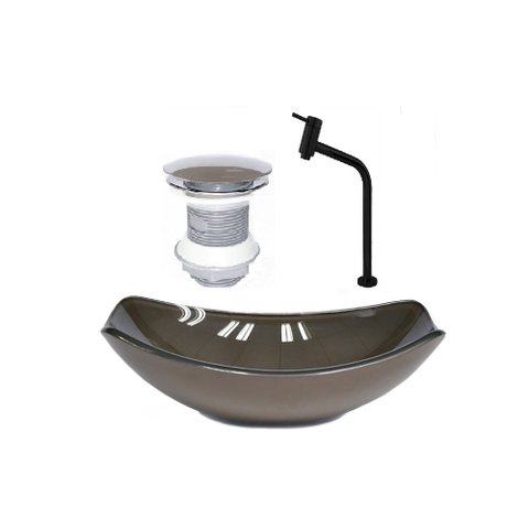 CUBA DE VIDRO OVAL CHANFRADA 51CM MARROM + VALVULA + TORNEIRA PRETA