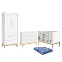 Ver imagem 1 de Dormitório Infantil Classic 2 Portas, Cômoda 6 Gavetas, Berço Branco Fosco com Pés Madeira Natural e