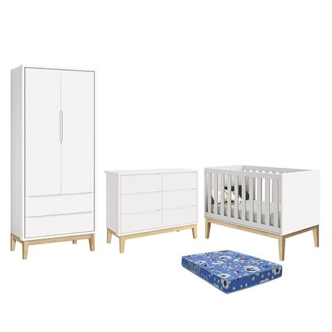 Dormitório Infantil Classic 2 Portas, Cômoda 6 Gavetas, Berço Branco Fosco com Pés Madeira Natural e