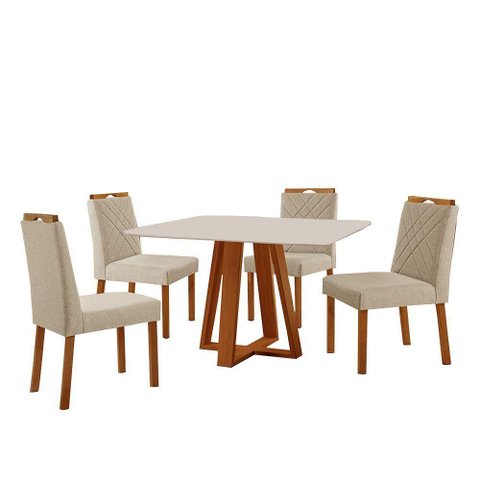 Conjunto Sala de Jantar Mesa Floripa 120x90cm Off White com 4 Cadeiras Dallas Linho Bege