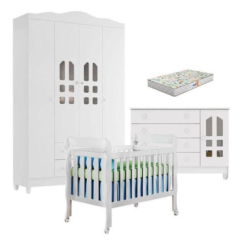 Quarto de Bebê New Selena 4 Portas com Berço Lila e Cômoda Gran Selena Branco Brilho e Colchão