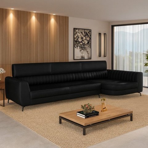 Sofá em Corino 344cm com Chaise 4 Lugares Pés em Metal Linha Premium Maximu
