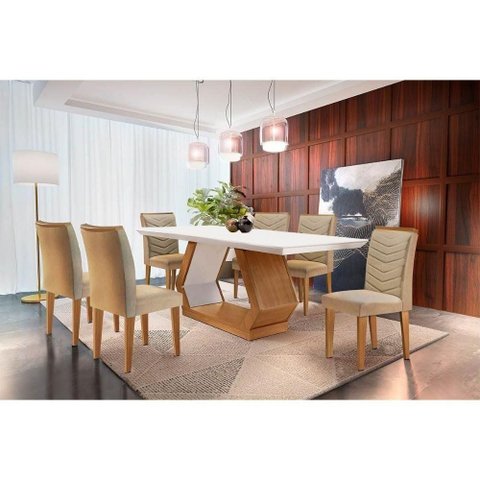 Conjunto Mesa Jantar Alvorada 6 Lugares Tampo MDF com Cadeiras Londrina Estofadas Imbuia-Bege 180cm