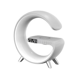 Abajur Rgb Luminária G Branca com Relógio Despertador Carregador por Indução e Caixa de Som:branco/ú - 1