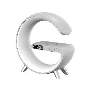Abajur Rgb Luminária G Branca com Relógio Despertador Carregador por Indução e Caixa de Som:branco/ú