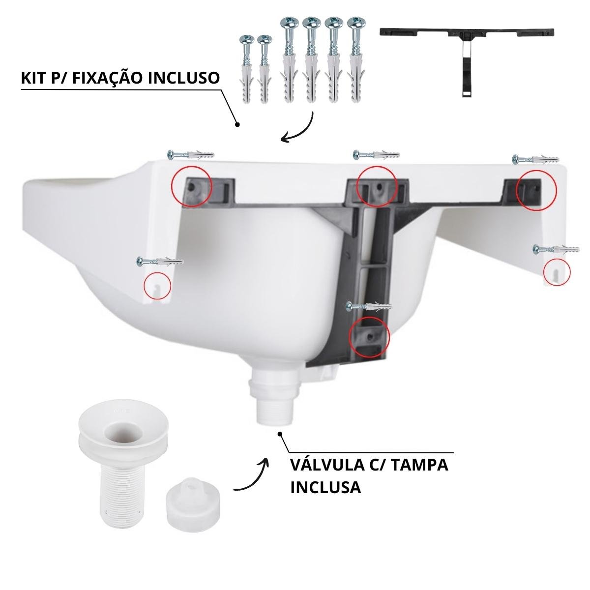 Pia Lavatório Banheiro 4,8L + Sifão Universal Branco + Fita Veda Rosca - 7