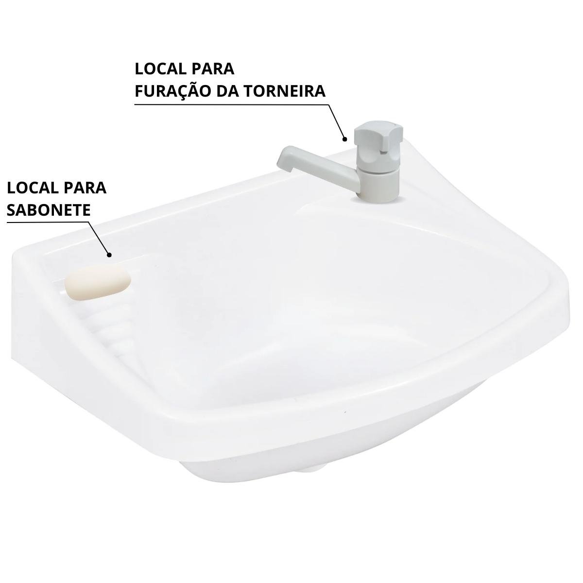 Pia Lavatório Banheiro 4,8L + Sifão Universal Branco + Fita Veda Rosca - 6