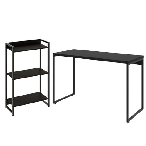 Kit Escritório Estante Areta 3 Prateleiras com Mesa Industrial Aspen 120cm C01 Onix - Lyam Decor
