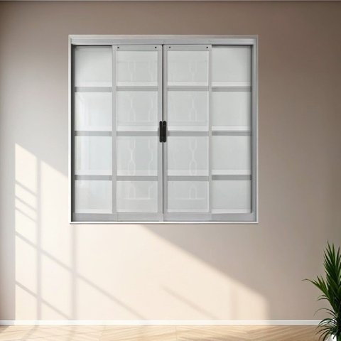 Janela de Aço de Correr 100x100cm 4 Folhas com Grade Minas Sul MGM Branco