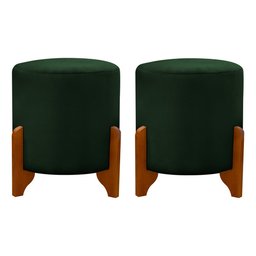 Kit 2 Puff Redondo Veludo com Pés em Madeira Maciça Decorativo Sala Quarto - Verde Escuro - 2