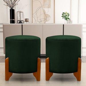 Kit 2 Puff Redondo Veludo com Pés em Madeira Maciça Decorativo Sala Quarto - Verde Escuro