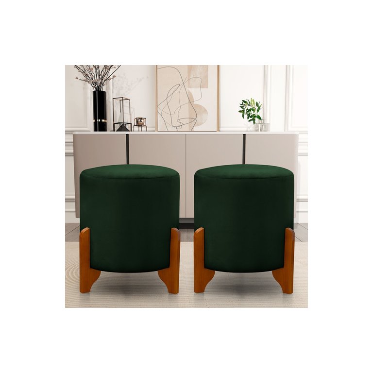 Kit 2 Puff Redondo Veludo com Pés em Madeira Maciça Decorativo Sala Quarto - Verde Escuro
