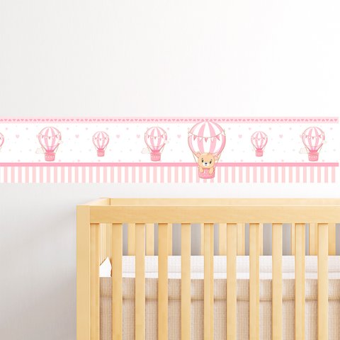 Balão Ursinho Rosa Adesivo de Parede Infantil Faixa Border