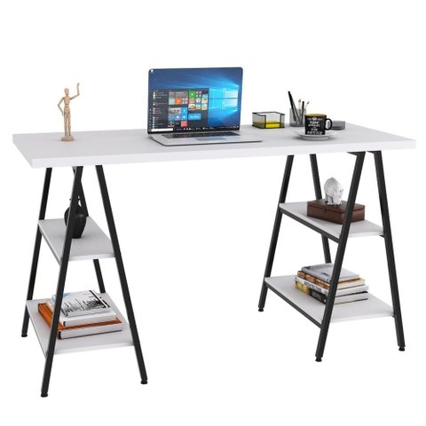 Mesa Escrivaninha Cavalete 135cm Estilo Industrial Prisma C08 Branco Chess/Preto - Mpozenato
