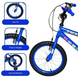 Bicicleta Infantil Menino Aro 16 com Rodinhas Freio V-brake Bicikids Azul Escuro - 3
