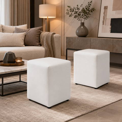Puff Sala Decorativo Quadrado Kit 2 Lucca Base Fixa Sintético Branco G02 - D’Rossi