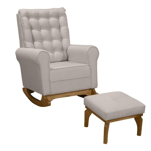 Poltrona Amamentação Balanço Capitone com Puff Verona Linho Bege - Mirra Decor