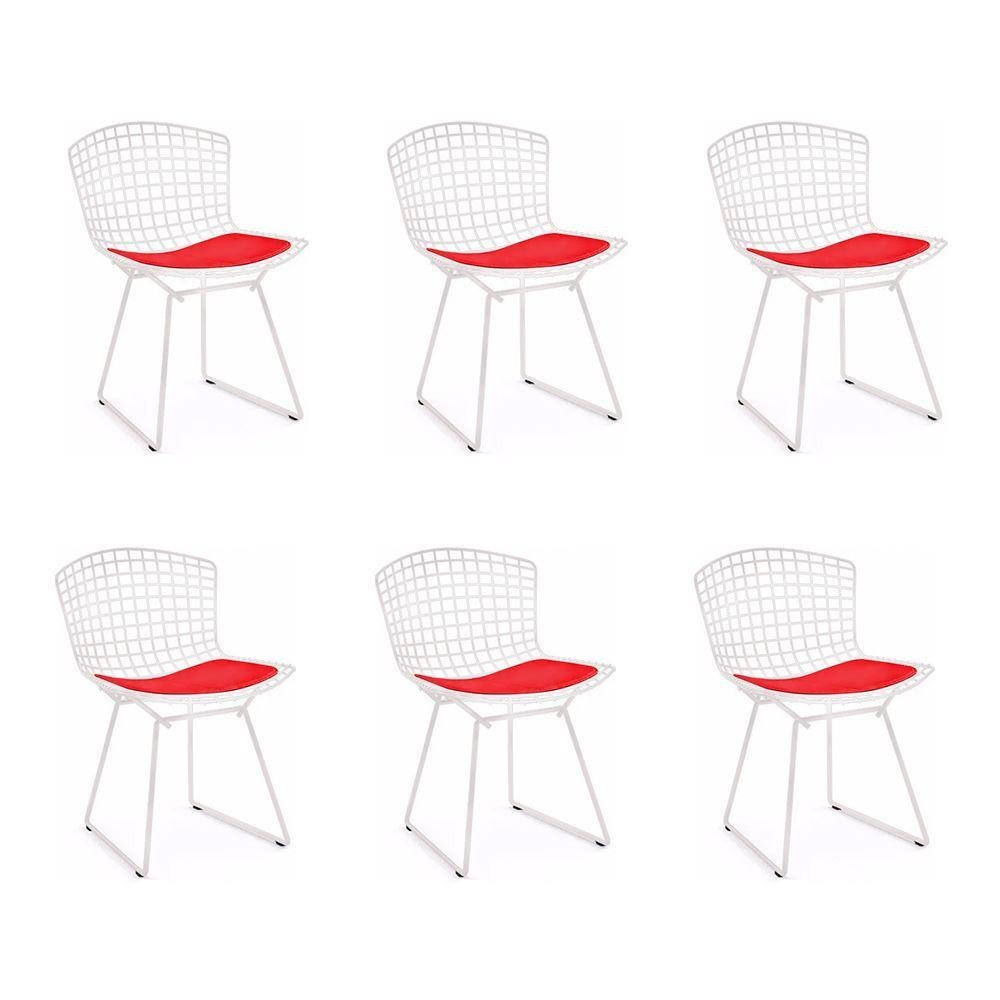 Kit 6 Cadeiras Bertoia Branca com Assento Vermelho Cor Branco - 1