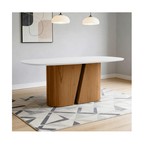 Mesa de Jantar 8 Lugares Retangular Orgânico com Vidro 200cm Salieri N01 Cinamomo Off White - Lyam