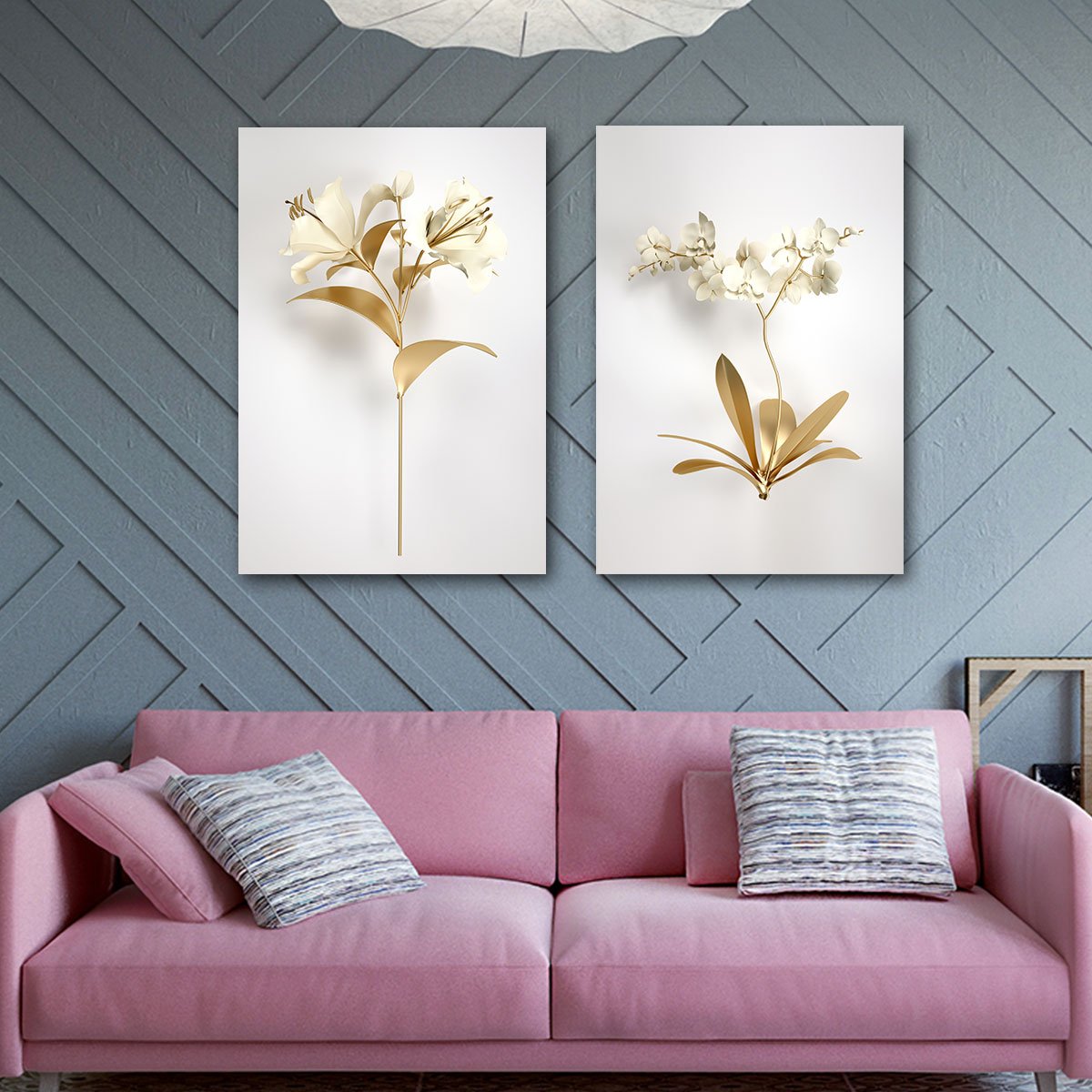 Conjunto Quadros Decorativos Flores Douradas Sala Quarto em Tecido Canvas - 2