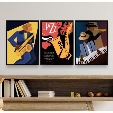 Kit 3 Quadros Decorativos Posters Cartazes Jazz 33x24cm:madeira Preta