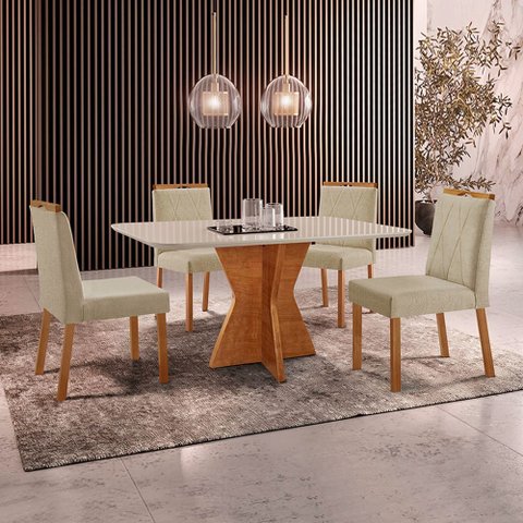 Conjunto Sala de Jantar Mesa Madri140x80cm Tampo Retângular Vidro Off White com 4 Ca