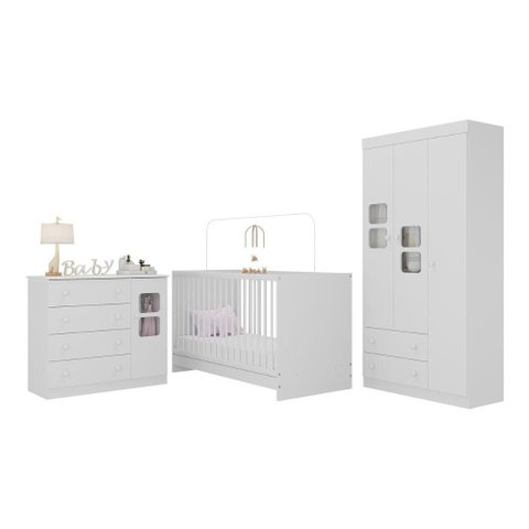 Quarto de Bebê Completo com Berço 3 em 1 para Colchão 130x60cm Brisa Multimóveis Mp4525 Branco