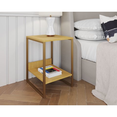 Mesa Cabeceira Industrial Tókio Base Ferro Dourado Tampo Canela