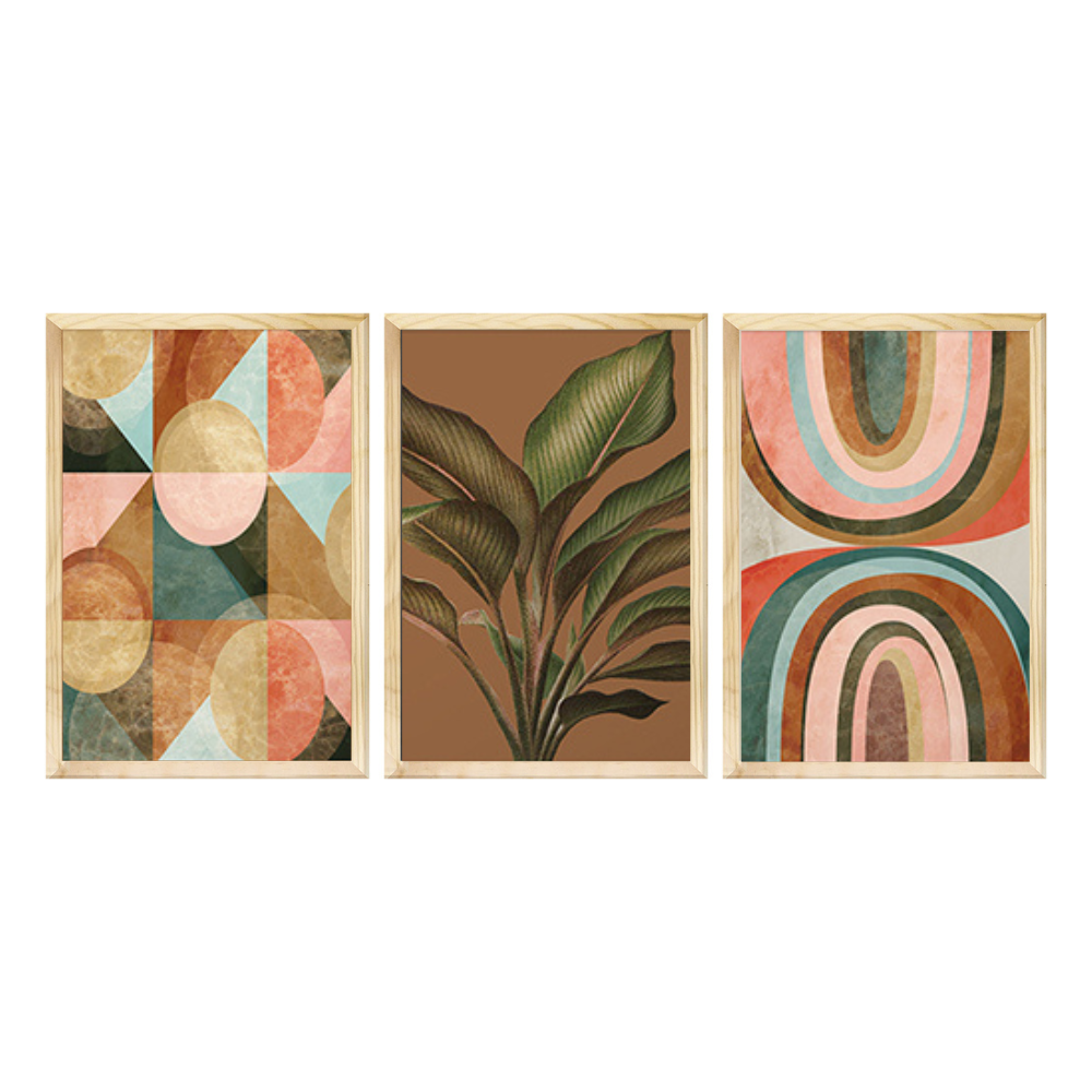 Kit 3 Quadros Decorativos Boho Folhagens Formas