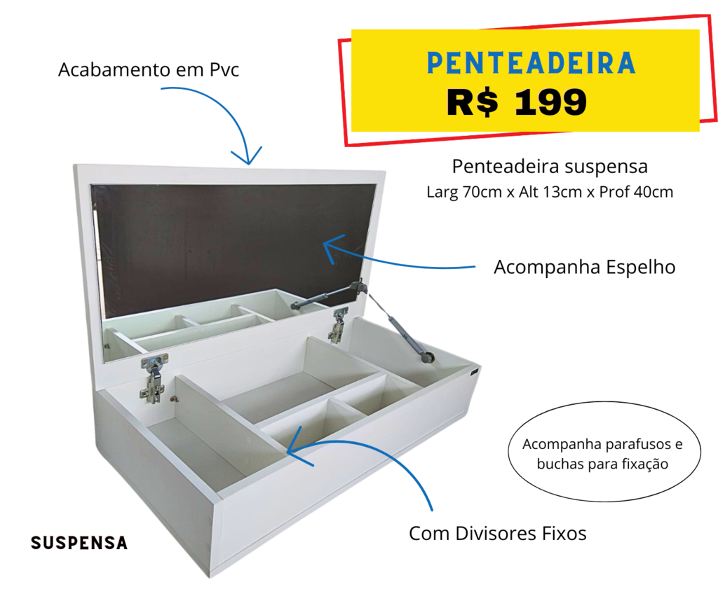 Penteadeira Suspensa Branca 70 Cm com Espelho