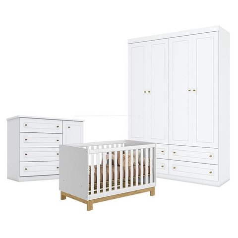 Quarto de Bebê Americano 4 Portas Com berço Americano Mini Cama Q Encanto Slim Branco Acetinado - Qm