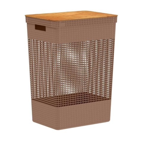 Cesto de Roupa Grid Marrom Amêndoa 49 L com Tampa de Bambu 38 X 28 X 55,6 Cm ou