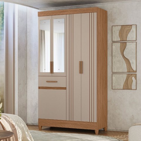 Guarda Roupa Roupeiro Siena 5 Portas 1 Gaveta Detalhes Frisados e Espelho Carvalho Fendi Moval