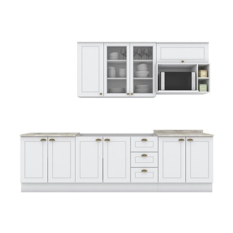 Cozinha Compacta 280cm Americana com Vidro 6 Peças 10 Portas 3 Gavetas Henn - Branco Hp Fosco
