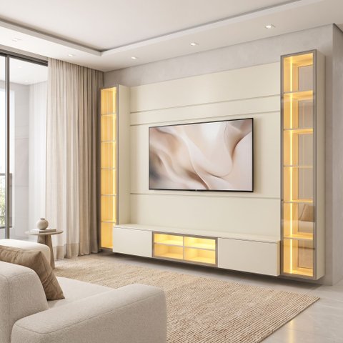 Estante para TV para 84 Polegadas Vidro com LED em MDF 217,6x 293,4cm Casuá Bege Off White