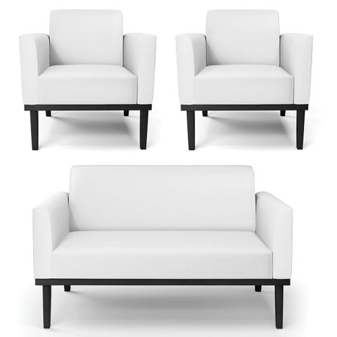 Sofá Namoradeira e 2 Poltronas Base Madeira Preto Maressa Sintético Branco - Ibiza
