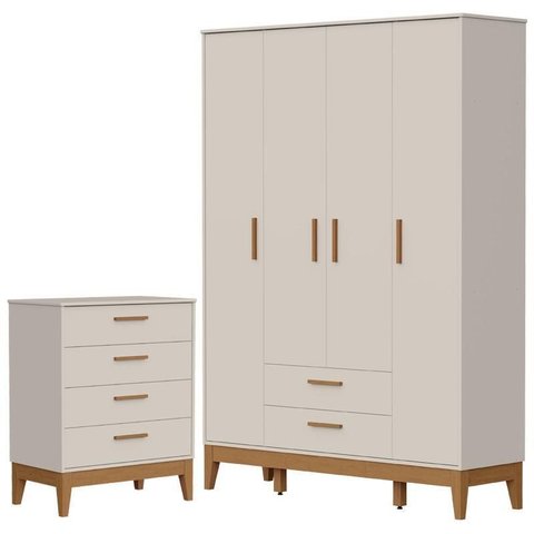 Guarda Roupa Infantil Flip 4 Portas com Cômoda Gaveteiro Infantil Flip Areia Acetinado - Reller