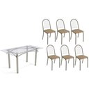 Ver imagem 1 de Conjunto: Mesa de Cozinha Elba C/ Tampo de Vidro 150cm e 6 Cadeiras Noruega Niquel - Courano
