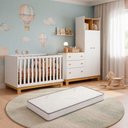 Ver imagem 1 de Kit Quarto de Bebê Q Encanto Slim com Berço Mini Cama Guarda Roupa com Cômoda e Colchão D18 130x70 m